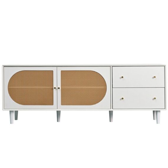 IDEASY TV-Schrank Sideboard, Beistellschrank,Beine aus Massivholz, (2 Schubladen, 2 Türen, Rattan-Design, Für Wohnzimmer, Schlafzimmer) bietet Platz für einen Fernseher der Größe 80 Zoll