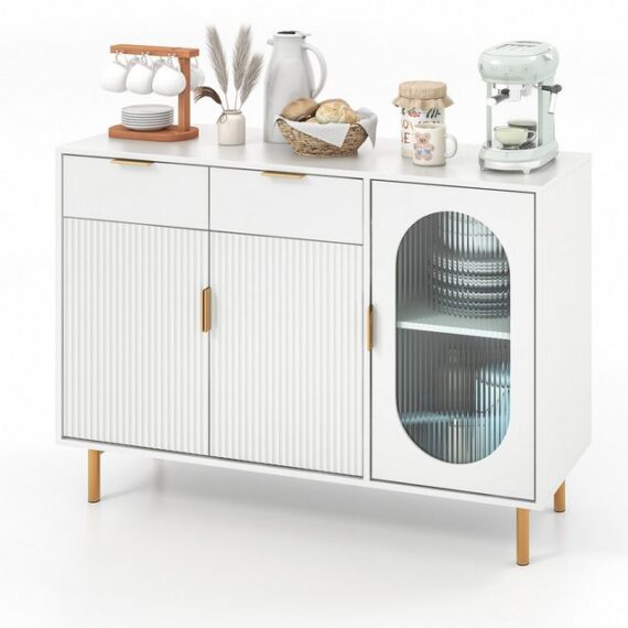 KOMFOTTEU Küchenbuffet Sideboard Küchenschrank, Glastür & Metallbeinen