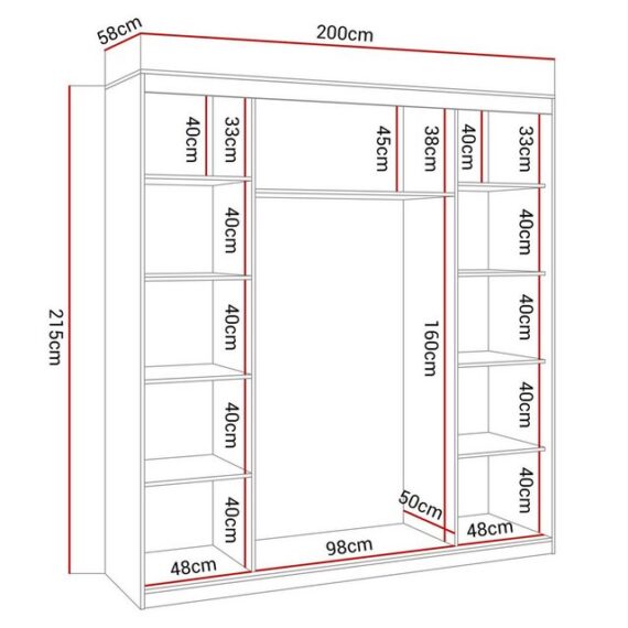 Lookway Kleiderschrank BASTER II PLUS 200 cm mit Spiegel, Schiebetürenschrank, Weiß / Weiß