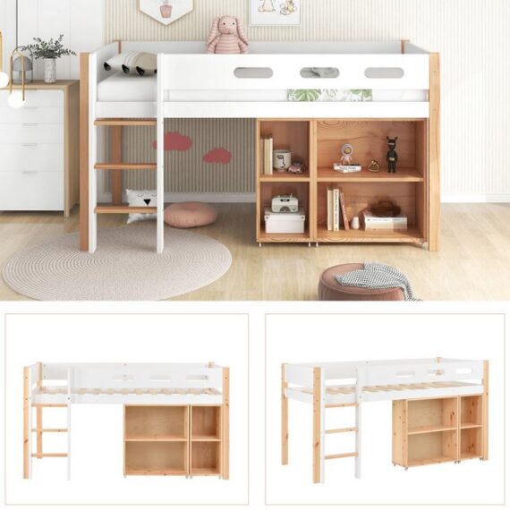MODFU Hochbett Kinderbett, mit Kleiderschrank, Schreibtisch und Schubladen (vielseitiges Kinderbett, 90*200cm) ohne Matratze