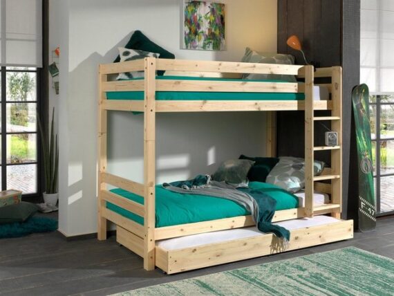 Natur24 Kinderbett Etagenbett mit Bettkasten Pino 90x200cm Kiefer Höhe 160cm