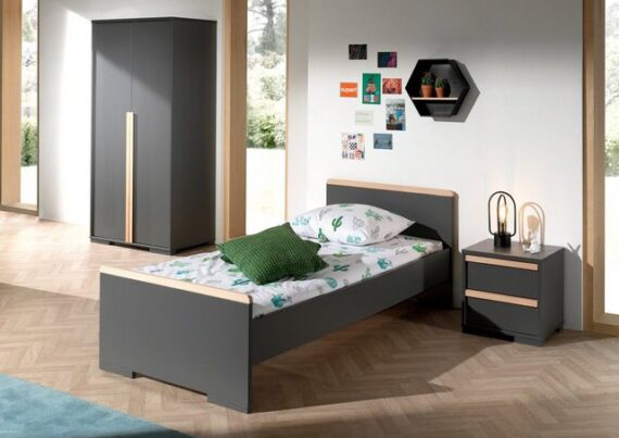 Natur24 Kinderbett London Set 3-tlg Einzelbett Nachtkonsole Kleiderschrank Buche Grau