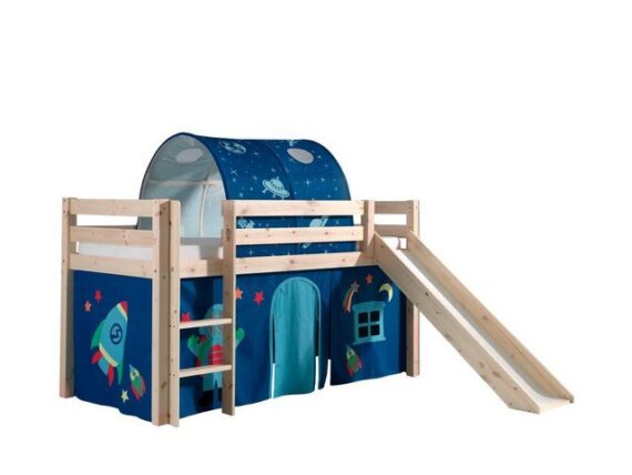 Natur24 Kinderbett Spielbett Pino mit Rutsche und Textilset Kiefer Natur