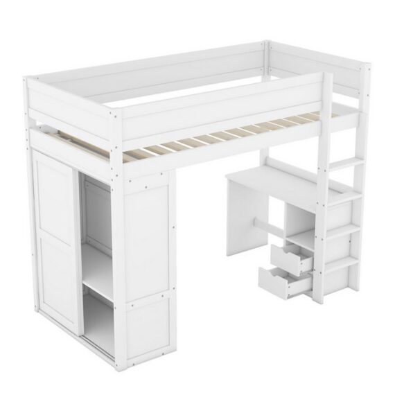 Odikalo Kinderbett Hochbett Kleiderschrank Schreibtisch Schubladen weiß/grau 90*200 cm