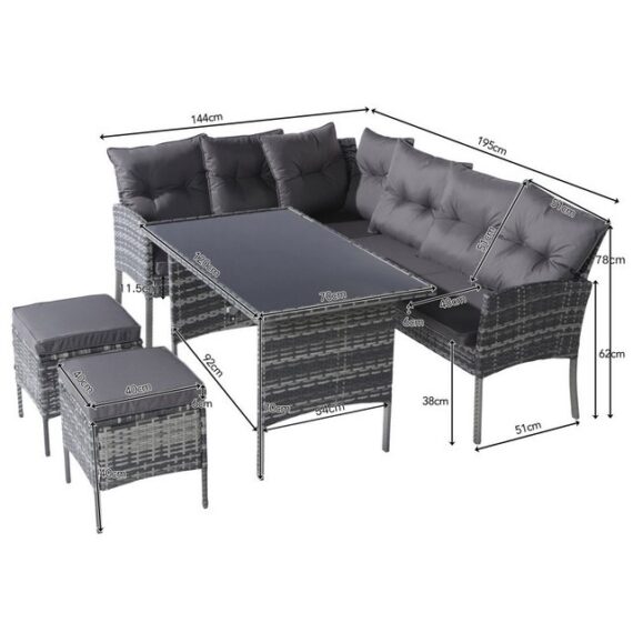 SIKAINI Loungesofa, Der Garten-Lounge-Bereich bietet Platz für 7 Personen und ist mit einem Sofa, einem Tisch, Stühlen und Kissen ausgestattet, UV-Schutz, feuchtigkeitsbeständig, Metallrahmen