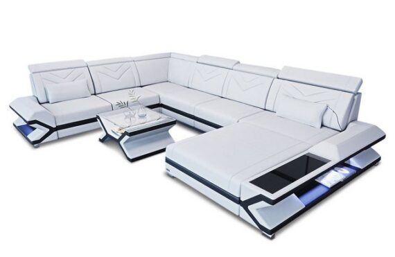 Sofa Dreams Wohnlandschaft XXL Ledersofa Napoli U Form Mini, Designersofa, Sofa mit Licht und USB