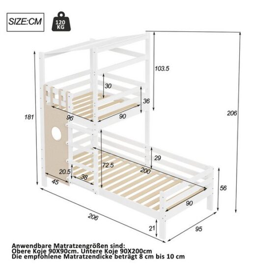 Ulife Kinderbett mit Dach Premium Massivholzbett mit Lattenrost,90x200cm