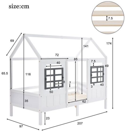 WISHDOR Kinderbett Jugendbett Einzelbett (weiß (200x90cm) mit Lattenrost ohne Matratze), Kinderbett mit 2 Fenstern, Rahmen aus Kiefer, MDF