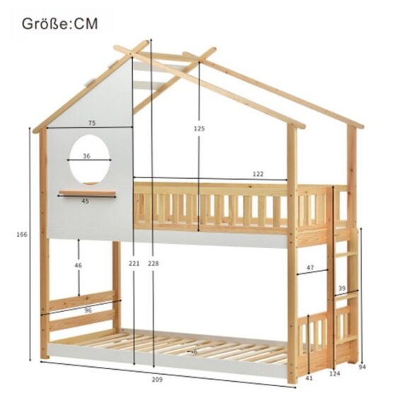 WISHDOR Kinderbett Jugendbett Hausbett Massivholzbett (natur+weiß (200x90cm) ohne Matratze), mit Fallschutz und Barriere