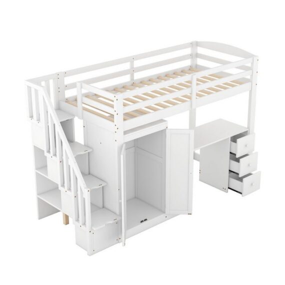 Welikera Bett 90 x 200cm Hochbett mit Kleiderschrank,Treppe,Schreibtisch,Schubladen, Schrank in einem,weiß, bett Jugendbett Holzbett