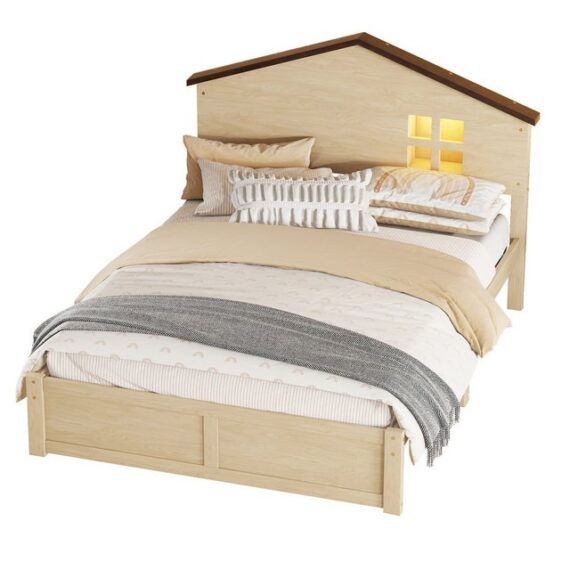 Welikera Jugendbett 140*200cm Hausförmiges Kinderbett,FlachesBett,Kleine Fensterdekoration, mit LED-Nachtlicht,Massivholz,Holzfarbe,Weiß/Holzfarbe