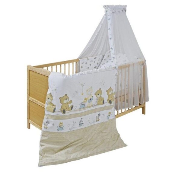 jonka Babybett Leni - Spielbär - Natur, Set inkl. Bettwäsche, Himmel & Matratze 70x140 cm mit Schlupfsprossen