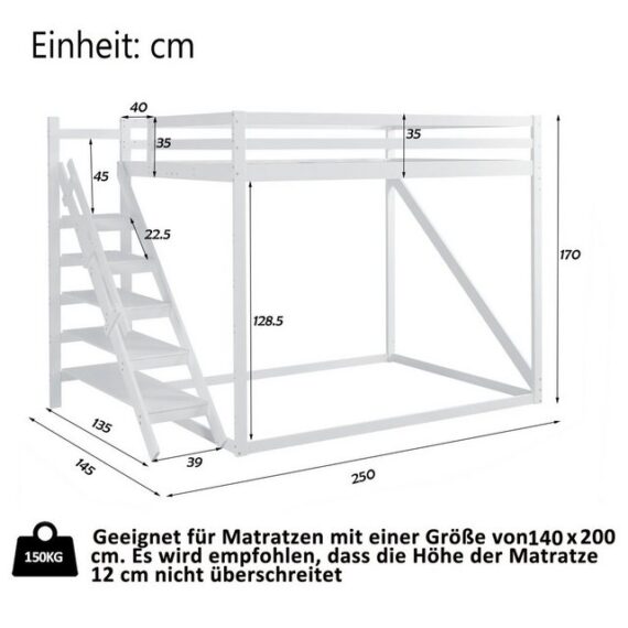 Celya Kinderbett Hochbett 140x200 cm mit Sicherheitsleiter, Etagenbett aus Massivholz mit Lattenrost geeignet, Weiß