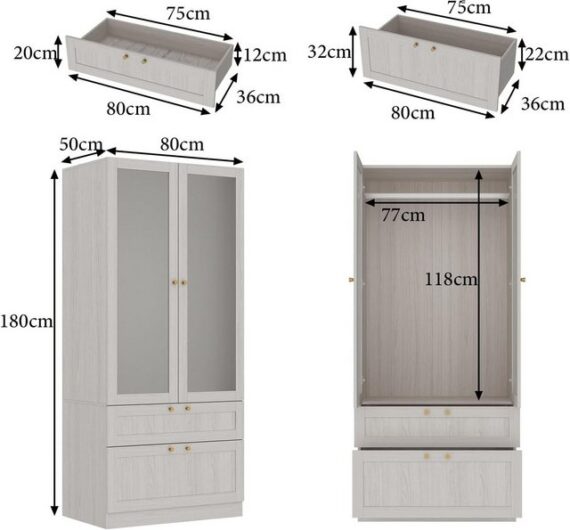 FUFU&GAGA Kleiderschrank Drehtürenschrank mit 2 Türen und 2 Schubladen 180cm H