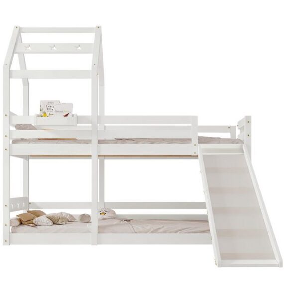 GOOLOO Etagenbett Kinderbett Baumhaus mit Rutsche Leiter 90 x 200 cm, Hochbett für Kinder- 2x Lattenrost- Weiß
