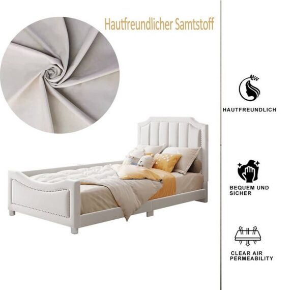 HAUSS SPLOE Polsterbett Funktionsbett Bettrahmen KInderbett Einzelbett Schlafsofa (mit Rückenlehne, Gebogenes Kopfteil, Jugendbett Gästebett), 90*200cm, Beige