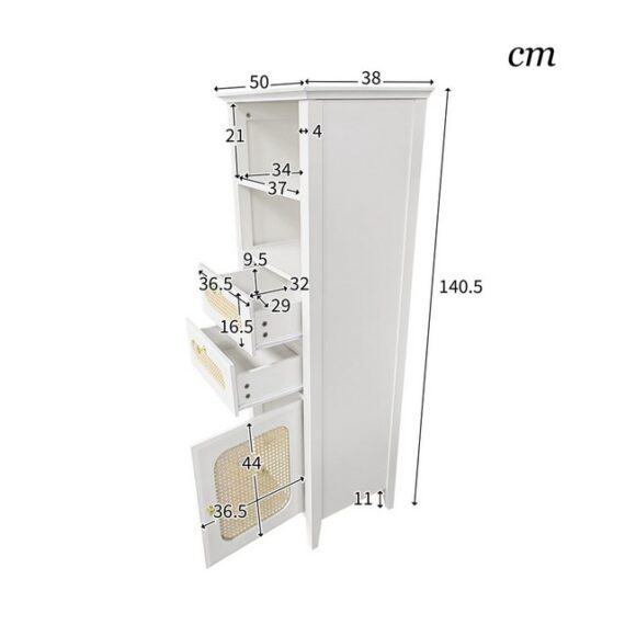 HAUSS SPLOE Vitrine Vitrine mit 2 Schubladen,1 Rattantüren, lackierte Oberfläche, Weiß (2 Schubladen und 1 Tür) mit großen Stauraum, lackierte Oberfläche, 140,5*38*50cm