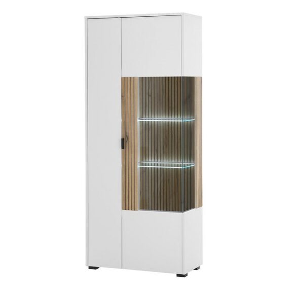 Lomadox Stauraumschrank HUNTER-61 Vitrine Standvitrine Beleuchtung weiß matt Eiche gerillt 75x180x38 cm