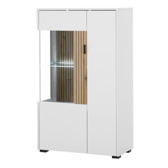 Lomadox Stauraumschrank HUNTER-61 weiß matt Eiche gerillt Vitrinenschrank Beleuchtung 75x125x38 cm