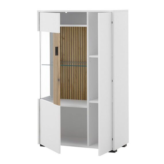 Lomadox Stauraumschrank HUNTER-61 weiß matt Eiche gerillt Vitrinenschrank Standvitrine 75x125x38 cm