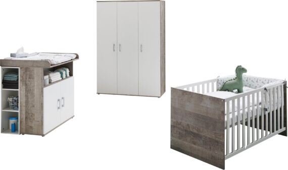 Lüttenhütt Babyzimmer-Komplettset "Henning", (Set, 5 St.), Kleiderschrank, Kinderbett, Wickelkommode, Seiten und Wickelkomm-Regal