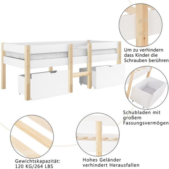 MODFU Kinderbett Kinder Bett Jugendbett Hausbett Holzbett Massivholzbett (mit 2 Schubladen ohne Matratze aus Kiefer Holz)