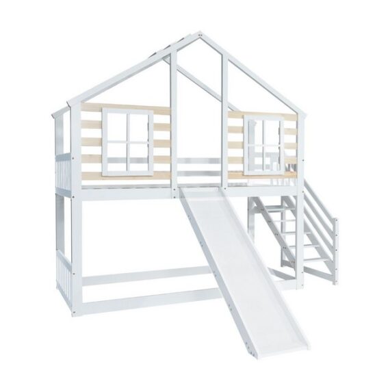 NMonet Etagenbett Hochbett 90x200cm (Absturzsicherung), Kinderbett, mit Treppe und Gitter, Rutsche und Fenster, aus Massivholz