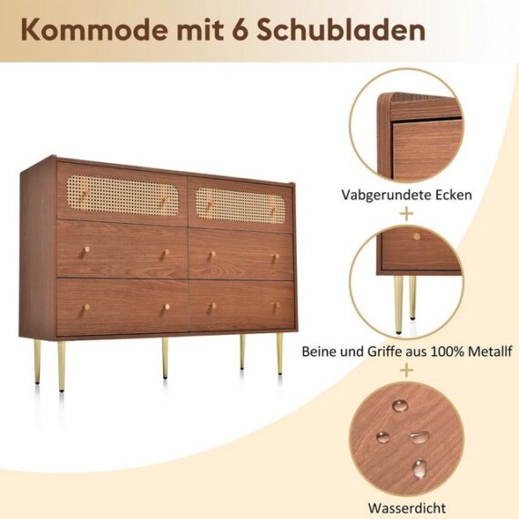 Odikalo Fächerschrank Schubladenkommode m. 6 Schubladen, Rattan Sideboard Highboard Nussbaum