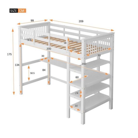 Odikalo Kinderbett 90/140x200 Hochbett mit Ablagefächer Unterbett Schreibtisch Weiß/Grau