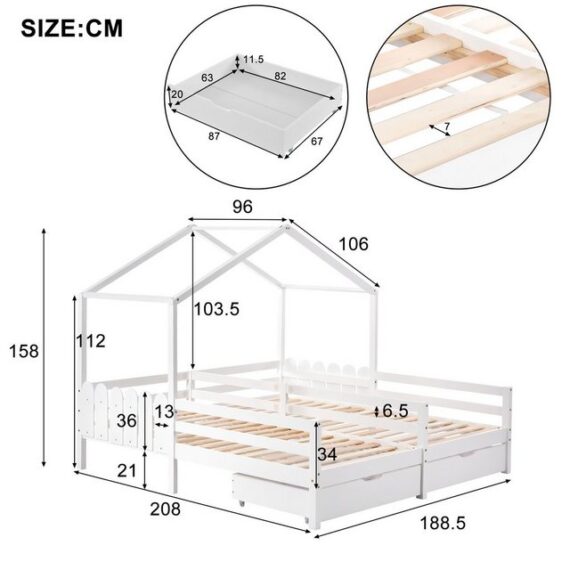 Odikalo Kinderbett Doppelbett, Gitterbett m. 2 Schubladen auf Rollen, Lattenrost Kiefer