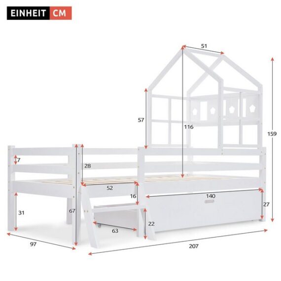 Odikalo Kinderbett Hausbett Hochbett m. Leiter Schubladen Lattenrost Massivholz 90x200cm