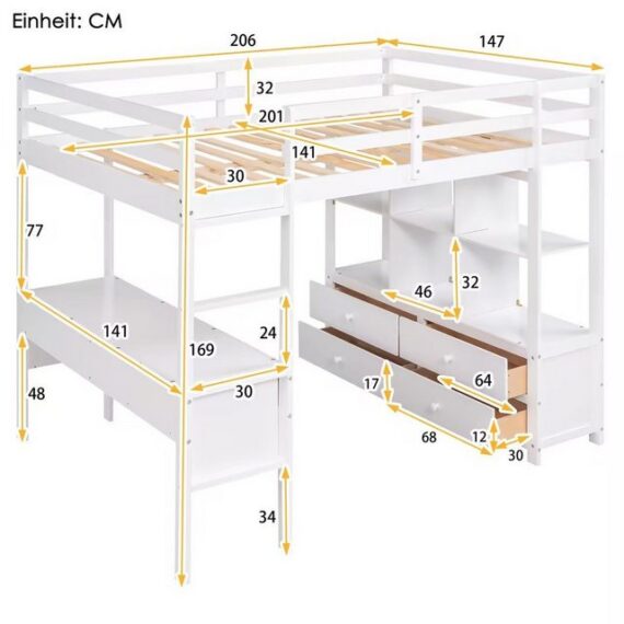 Odikalo Kinderbett Hochbett Stauraum Schubladen Unterschreibtisch Weiß/Grau 90/140x200