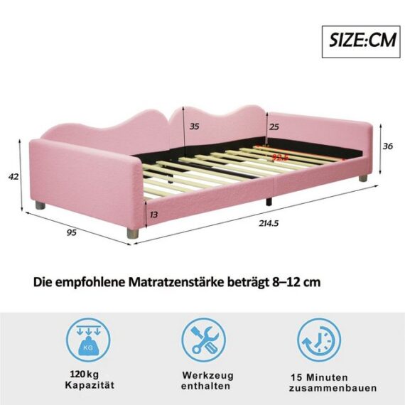 Odikalo Kinderbett Polsterbett Schlafsofa Rückenlehne Armlehnen 90x200cm Weiß/Rosa/Grau