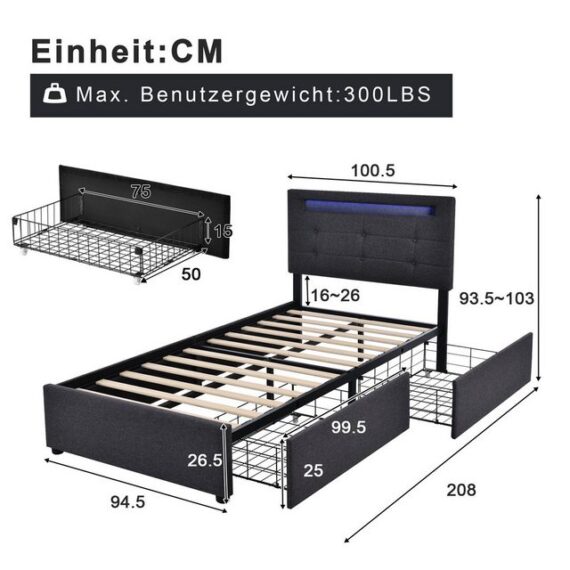 Odikalo Polsterbett LED Kopfteil Lattenrost 4 Schubladen 140/90 m/o Matratze Schwarz/Grau