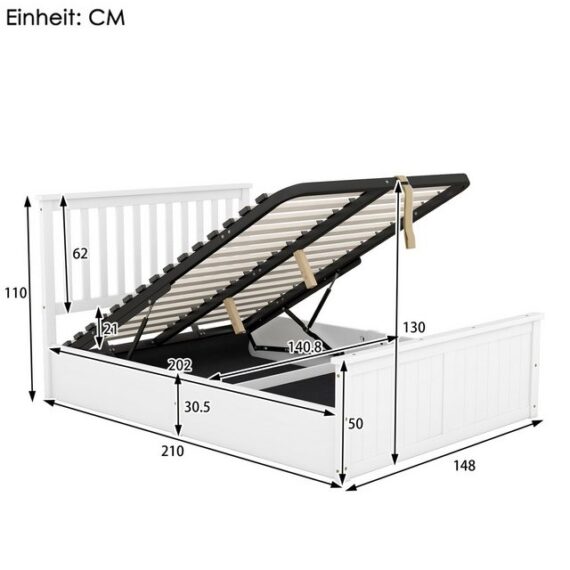 Odikalo Stauraumbett Holzbett Jugendbett Kinderbett Doppelbett Lattenrost Weiß 140x200cm