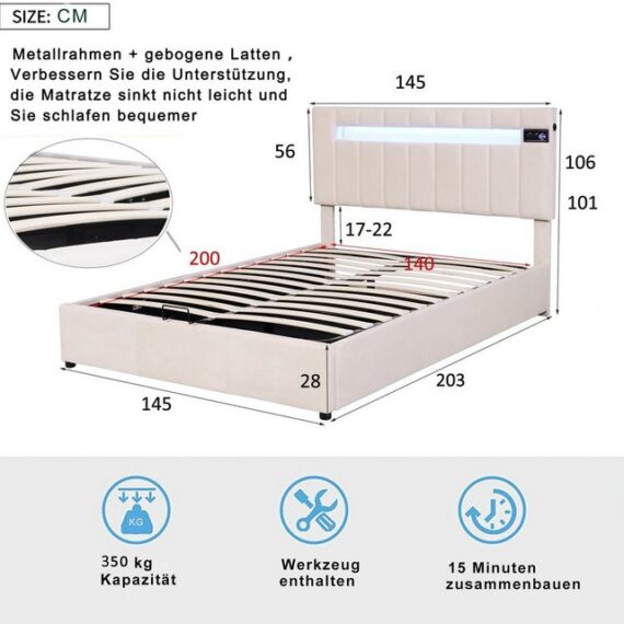 Odikalo Stauraumbett Polsterbett 16-LED Bluetooth-Player USB-Aufladung 140x200cm Weiß/Grau Modernes und komfortables Stauraumbett von Odikalo