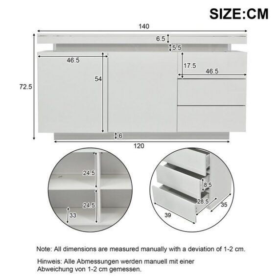 Odikalo TV-Schrank Sideboard Beistellschrank Standschrank 3 Schubladen 16-LED Weiß