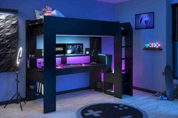 Parisot Hochbett "Gaming-Bett, mit Schreibtisch, USB Anschluss, LED, viel Stauraum", ideal für kleine Räume, TOPSELLER