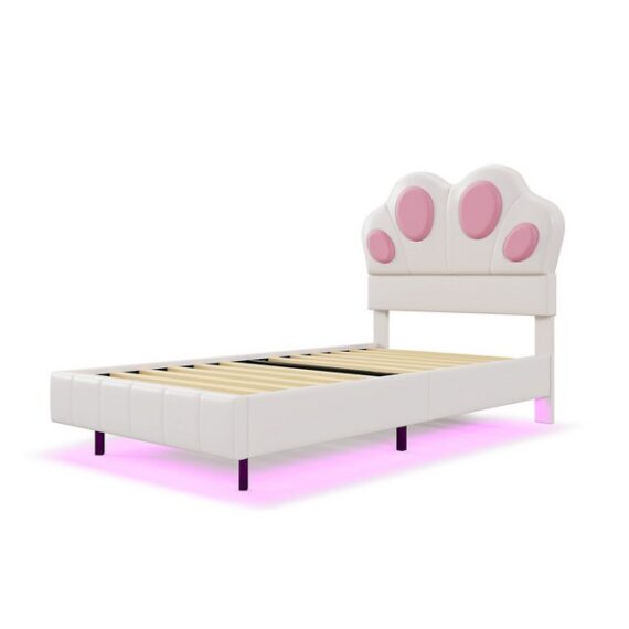 REDOM Polsterbett Katzenpfotenform am Kopfende des Bettes (Kinderbett mit farbwechselndem LED-Lichtdesign, gepolsterter schwebender Bettrahmen 90x200 cm), ohne Matratze