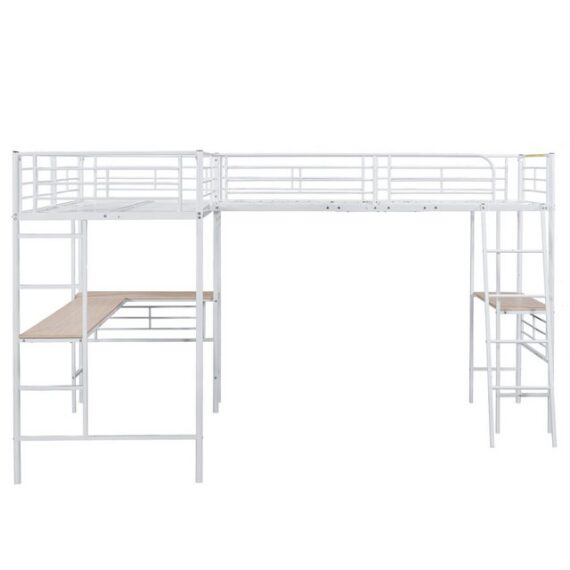 WISHDOR Hochbett Bettgestell Metallbett, zwei Etagenbetten, Tisch unter dem Bett (Doppeltreppe, hohes Geländer 90x200cm) ohne Matratze