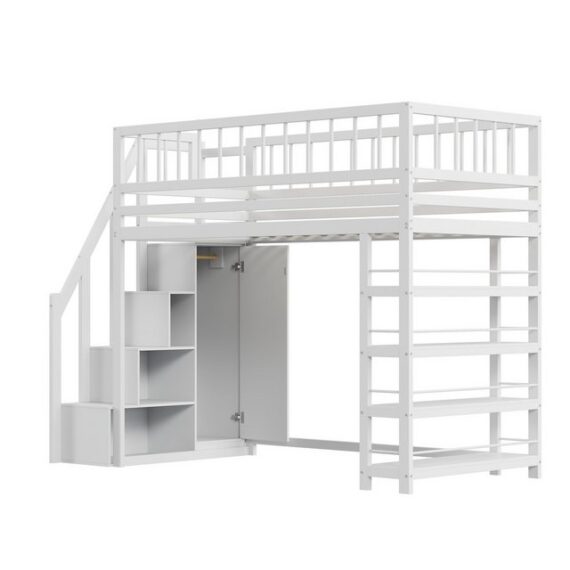 WISHDOR Kinderbett Hausbett, Hochzaun-Sicherheitsdesign (mit Kleiderschrank, Regalen und Stauraum, mit Sicherheitskletterleiter, Multifunktionsbett 90 x 200 cm), ohne Matratze