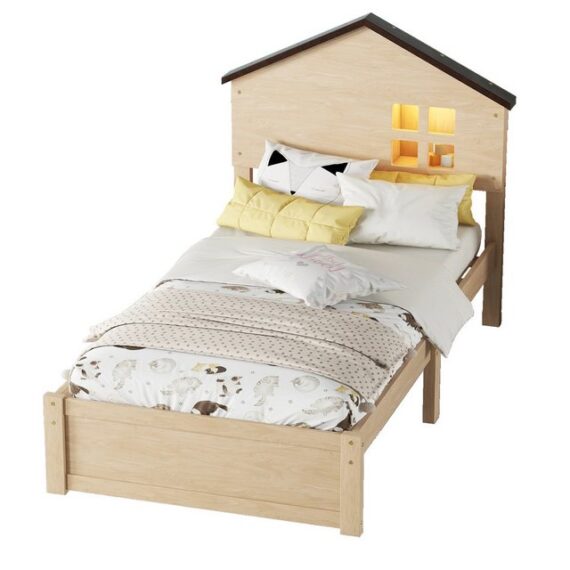 XDeer Kinderbett 90*200cm hausförmiges Kinderbett, flaches Bett, Natur, kleine Fensterdekoration, LED-Nachtlicht, Massivholz