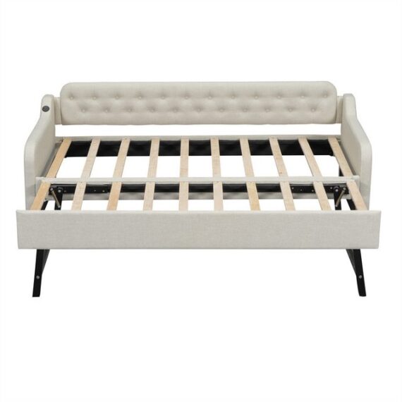 XDeer Sofa 90*200cm Schlafsofa, Tagesbett, mit ausziehbares Rollbett, USB-Anschluss, beige