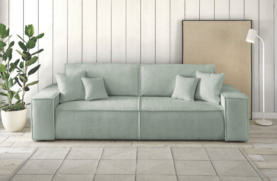 andas 3-Sitzer "FINNLEY Schlafsofa 257 cm, Schlaffunktion mit Bettkasten (200/136cm),", in Aqua Clean-Bouclé u. Struktur fein