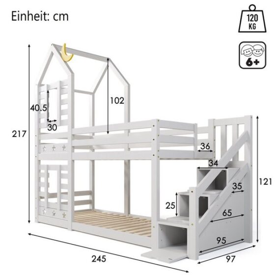 Celya Kinderbett Baumhaus 90 x 200 cm mit Schublade und Rausfallschutz, Hochbett für Kinder, 2x Lattenrost, Weiß