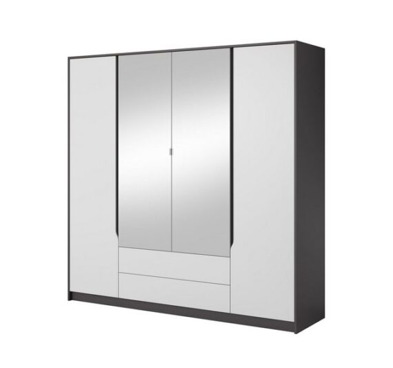 Furnix Kleiderschrank SEGAN 4-türiger Schlafzimmer-Schrank mit zwei Spiegeltüren weiß grau 200x202x57 cm, 6 Fächer, 2 Schubladen, 2 Kleiderstangen