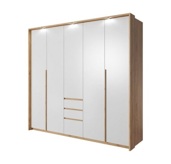 Furnix Kleiderschrank XELON Schlafzimmer-Schrank ohne LED Eiche Handwerk golden weiß 225x213,5x60 cm, 11 Fächer, 2 Kleiderstangen, 3 Schubladen