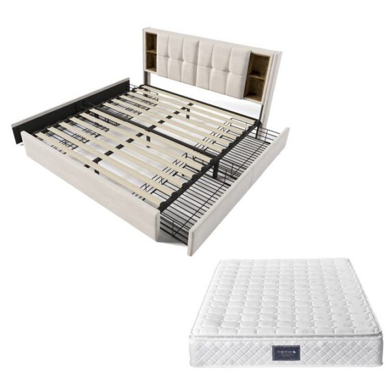 HT Bett Doppelbett mit Kabellosem Laden USB C & 4 Schubladen, Polsterbett Bettgestell 160x200cm, Mit Matratze