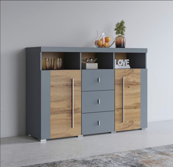 Helvetia Sideboard "Roger,Breite 132cm, stilvolle Schrank, 2 Holztüren 3 Schubladen", Kommode mit viel Stauraum, Einlegeböden verstellbar