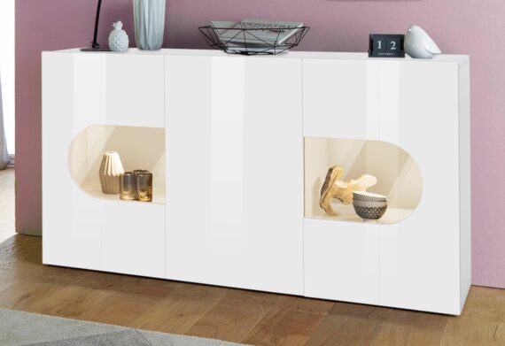 INOSIGN Sideboard "Real,Vitrine,Kommode,Schrank,Breite 150cm komplett hochglanz lackiert", mit 3 Türen davon 2 Glastüren ohne Griff